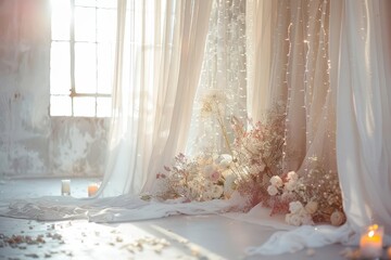 romantic elegance personified ethereal wedding backdrop bathed in soft light delicate bridal textiles creating dreamy atmosphere for timeless nuptial celebrations