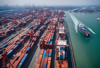 Wall Mural - ship container export crane import logistics cargo business port trade shipping drone aerial harbor view international transportation concept skyscraper tower delivery truck