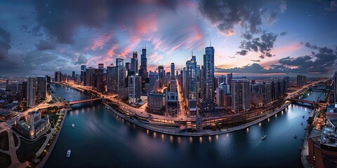 Poster - Panorama of a bustling city skyline at dusk