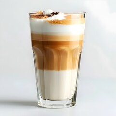 Poster - Perfectly Layered Latte Macchiato in a Clear Glass Cup on a White Background