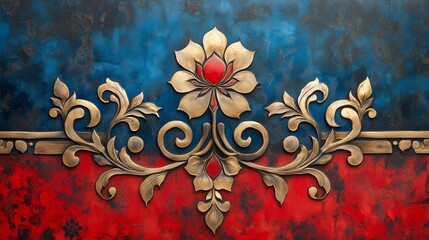 Canvas Print - Decorative gold floral patterns contrast with a rich blue and red backdrop creating a striking visual composition