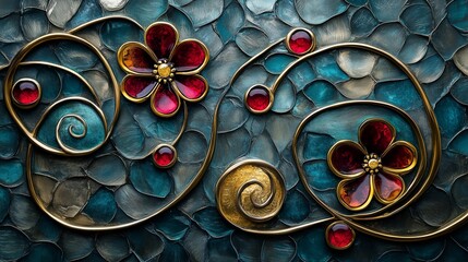 Wall Mural - Ornate metal design with vivid flowers and stones creates a striking decorative element