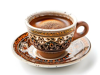 Sticker - Ornate Traditional Turkish Coffee Cup Filled with Aromatic Brew on White Background