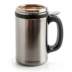 Sticker - Freshly Brewed Coffee in a Modern Thermos Cup with Handle on White Background