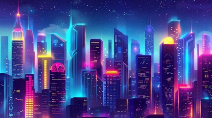 Sticker - Neon cityscape background with glowing skyscrapers and vibrant neon signs, perfect for a Flappy Bird game