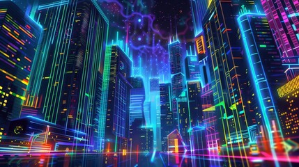 Sticker - Neon cityscape with glowing skyscrapers, vibrant night sky, and luminescent streets, ideal for a Flappy Bird game