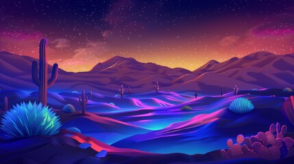 Canvas Print - Neon desert at night with glowing sand dunes, vibrant cacti, and luminescent stars, perfect for a Flappy Bird game.