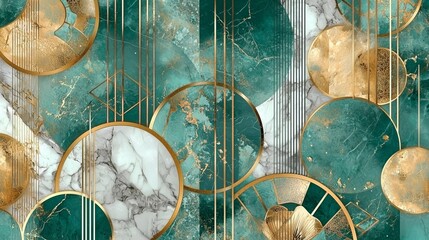 Canvas Print - A striking arrangement of circular shapes and gold lines overlays a beautiful green marble background