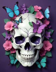 Wall Mural - A skull made entirely of vibrant flowers and leaves, with petals forming the contours of the face. Floral skull