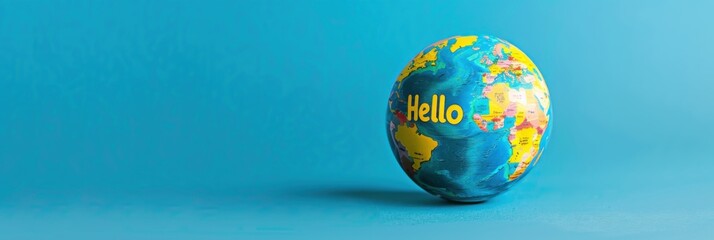 World Hello Day. Horizontal banner. Free space for text. Globe with Hello inscription on blue background. Earth Day