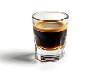 Poster - Classic Espresso Shot Glass Filled with Dark Aromatic Espresso Drink on White Background