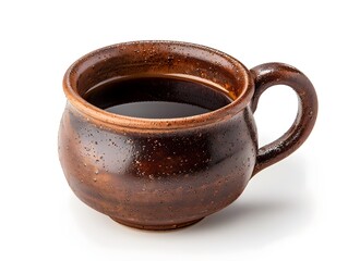 Wall Mural - Handcrafted Clay Mug Filled with Aromatic Black Coffee on White Background  Coffee Concept with Copy Space