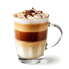 Wall Mural - A Beautifully Layered Latte in a Transparent Glass Cup on a White Background