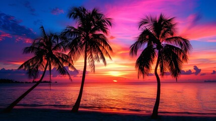 Wall Mural - Palm trees silhouetted against a vibrant sunset on a tropical beach