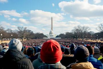 A large crowd gathers at the Washington Monument on a clear winter day, showcasing unity and civic engagement among diverse individuals.