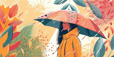 Wall Mural - A woman in a yellow raincoat walks in the rain.