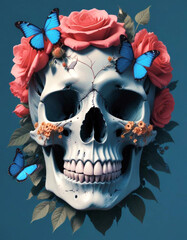 Wall Mural - A skull made entirely of vibrant flowers and leaves, with petals forming the contours of the face. Floral skull