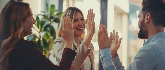 A joyful Caucasian woman shares a high-five with colleagues, celebrating teamwork and success in a bright, modern office environment.