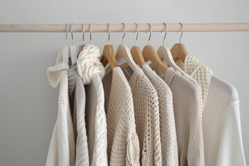 Close up of hanging clothes hang on wooden hangers generated.AI