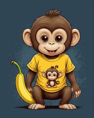 Wall Mural - cartoon monkey with banana in hand and yellow shirt on blue background.