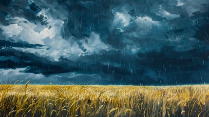 Sticker - Rain clouds gather over a field of golden wheat, their dark forms providing a dramatic backdrop.