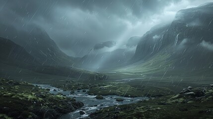 Wall Mural - Rain clouds loom over a mountain valley, their dark forms adding a dramatic touch to the landscape.