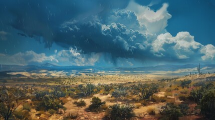 Poster - Rain clouds move slowly across the horizon of a vast desert, bringing a rare and much-needed shower.