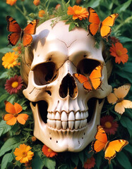 Wall Mural - A skull made entirely of vibrant flowers and leaves, with petals forming the contours of the face. Floral skull