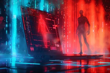 Wall Mural - A futuristic digital landscape featuring a holographic human silhouette emerging from a glowing laptop, illuminated in red and blue hues.