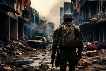 Soldier standing on the ruins of the destroyed city. The invasion on someone else territory or military defense of the city.