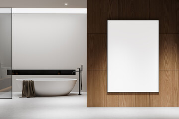 Wall Mural - Stylish home bathroom interior with bathtub and accessories. Mockup frame