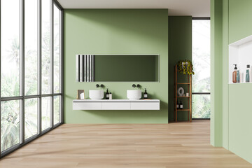 Poster - Modern bathroom interior with green walls and large windows. 3D Rendering