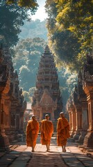 Poster - Monks in Saffron Robes Exploring Ancient Thai Temple Complex