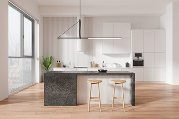 Wall Mural - Modern minimalist kitchen with island, stools, and large window. 3D Rendering