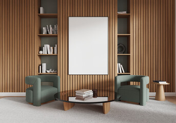 Wall Mural - Modern minimalist interior with blank poster on wooden wall. 3D Rendering