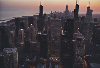 Sticker - Chicago panorama skyscrapers city downtown view skyline dusk aerial Night States United Usa America Illuminated Building Rooftop Midwest Architecture Illinois Office Light