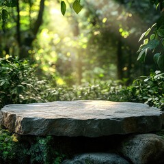 A natural stone podium with a rough, earthy texture, placed in an outdoor setting. The background features a blurred, lush green forest, with sunlight filtering through the leaves. The natural light