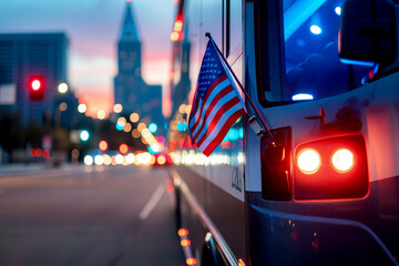 Wall Mural - Capture of a city bus adorned with an American flag, illuminated by evening lights, showcasing urban lifestyle and transportation.