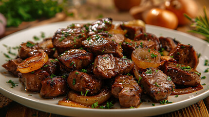 A high-definition image of a plate of liver and onions, the liver cooked to perfection with a rich brown color, and the onions caramelized to a golden brown, adding a sweet contrast.