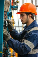 Wall Mural - Portrait of an oil rig worker conducting a safety check, Generative AI 