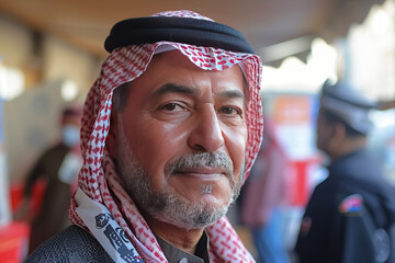 Arab man muslim wearing headscarf keffiyeh close-up, older man in blurred background in a public place.