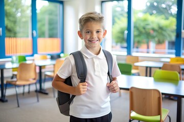 A schoolboy in white polo shirt and backpack standing against the background of a modern school room. Pupil of primary school.