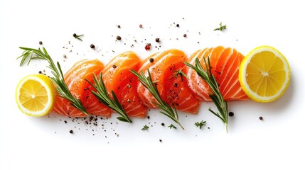 Wall Mural - Close-up top view of red salmon slice, decorated with rosemary and lemon, isolated on white, ideal for food styling and recipes