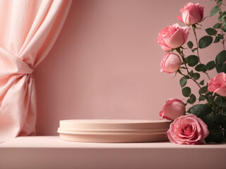 Poster - Natural beauty empty podium backdrop for product display on pink background with roses