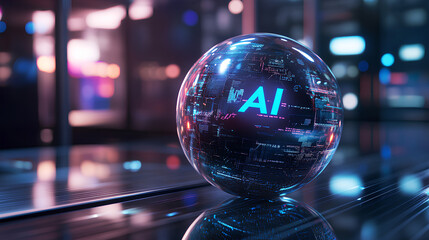 Canvas Print - A round ball with AI text is one example of the use of artificial intelligence banner technology based on data science and innovation in Internet cyberspace