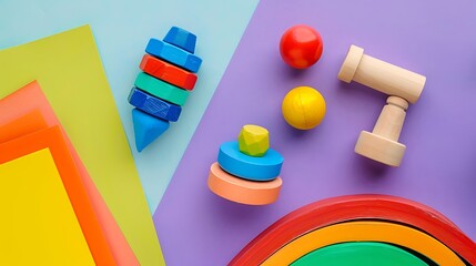 Abstract rainbow background Wooden kids toys on violet paper isolated on colorful background