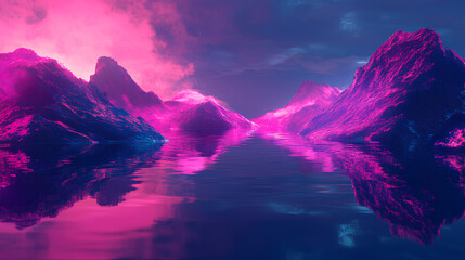 Poster - abstract wallpaper showcasing a fantastical neon landscape with reflections