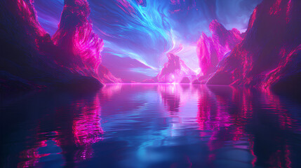 Poster - abstract wallpaper showcasing a fantastical neon landscape with reflections