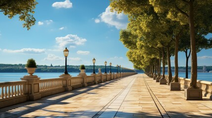 Wall Mural - a sidewalk with a street lamp and trees on it