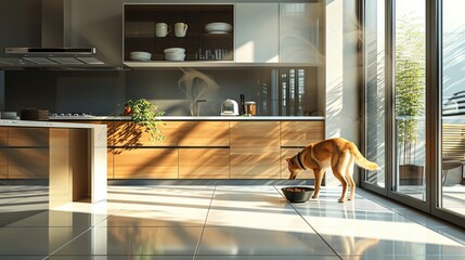 Create a realistic background with a dog eating from a bowl in a modern kitchen